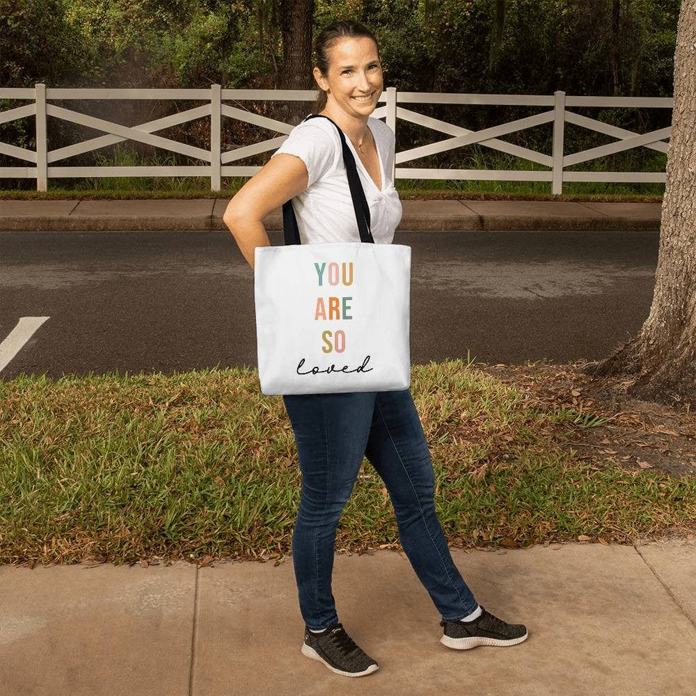 You are So Loved Tote Bag, Positive Affirmation Boho Minimalist Around Town Gift for Her, Best Friend Self-Care Motivational Inspiration