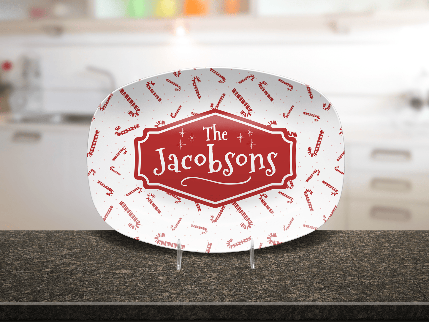 Custom Candy Cane Christmas Platter - Unbreakable BPA-Free, 10 x 14"