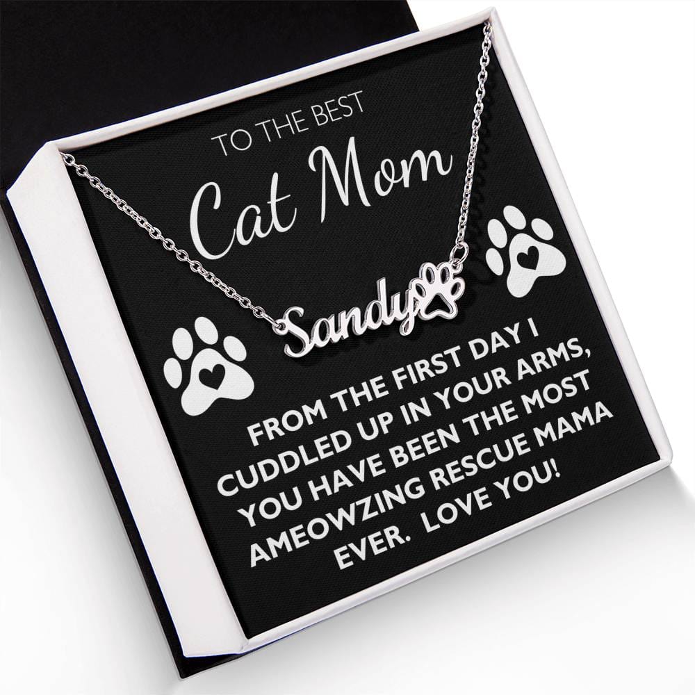 Best Rescue Cat Mom Ever - Custom Name Paw Necklace