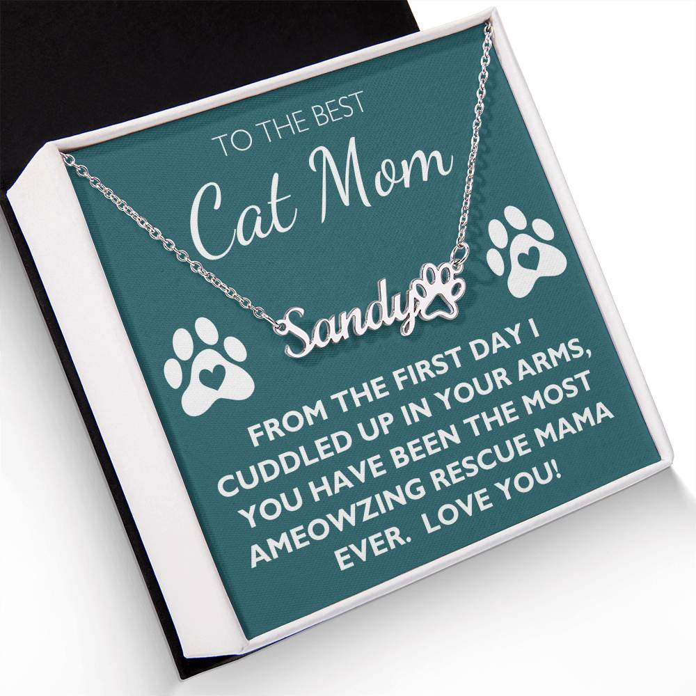Best Rescue Cat Mom - Custom Name Paw Necklace