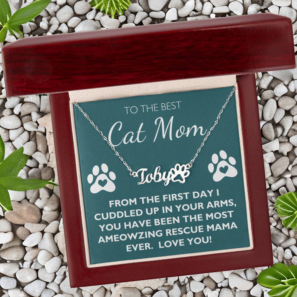 Best Rescue Cat Mom - Custom Name Paw Necklace
