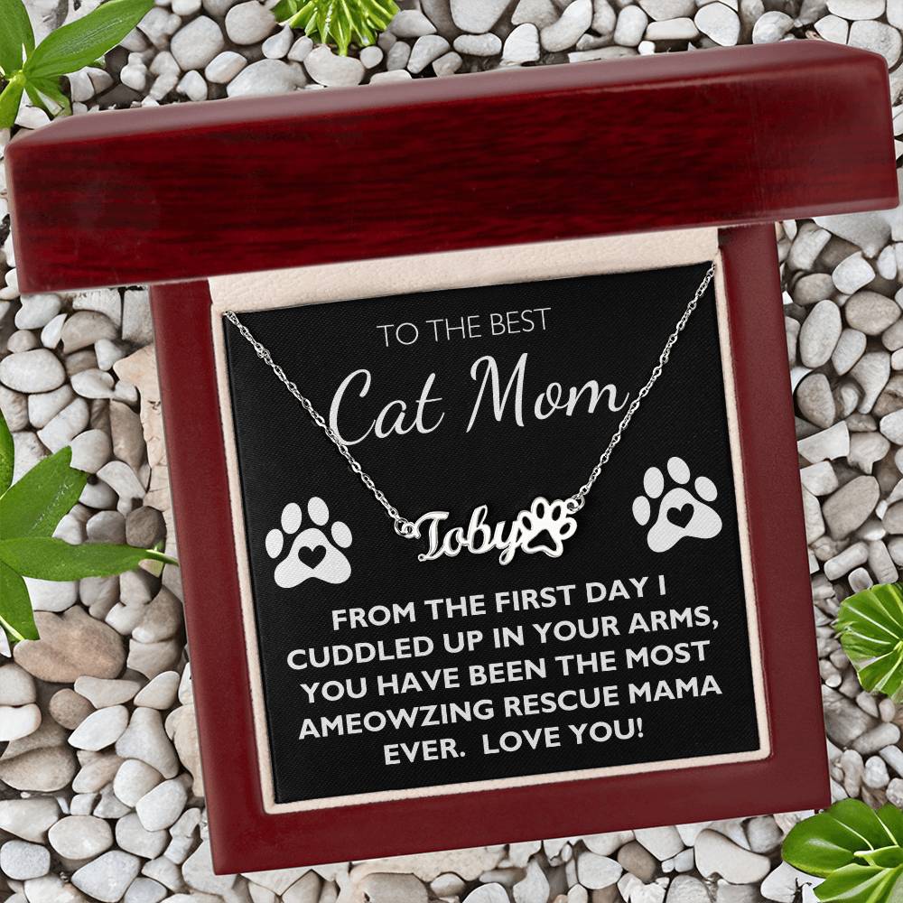 Best Rescue Cat Mom Ever - Custom Name Paw Necklace