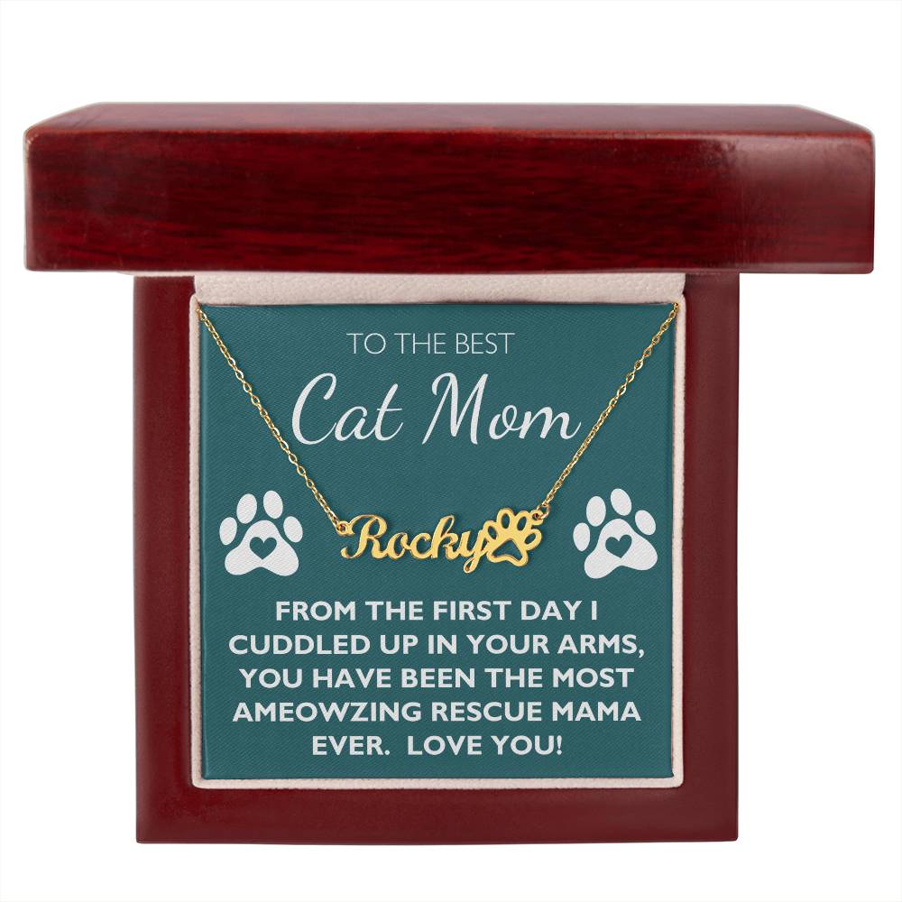 Best Rescue Cat Mom - Custom Name Paw Necklace