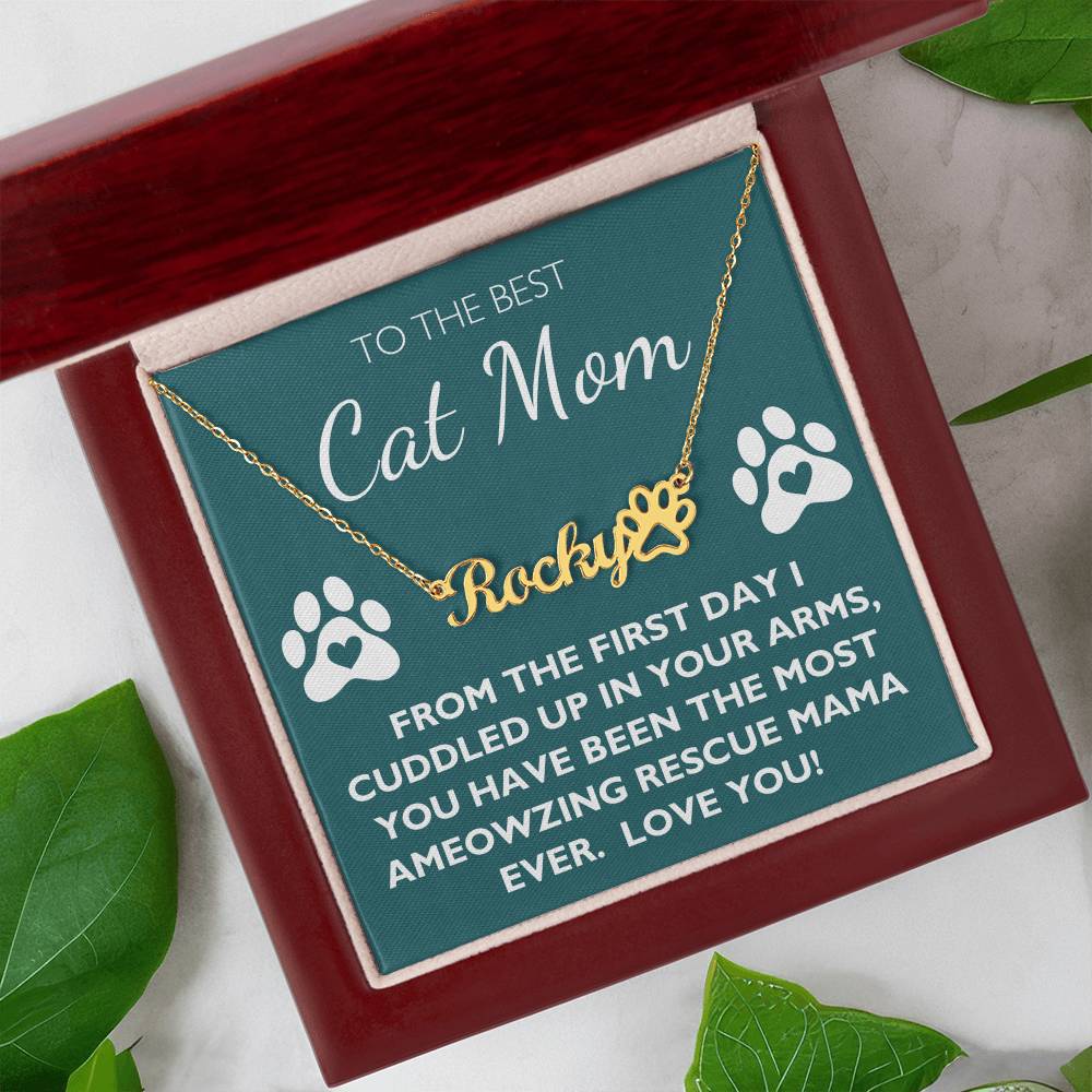 Best Rescue Cat Mom - Custom Name Paw Necklace