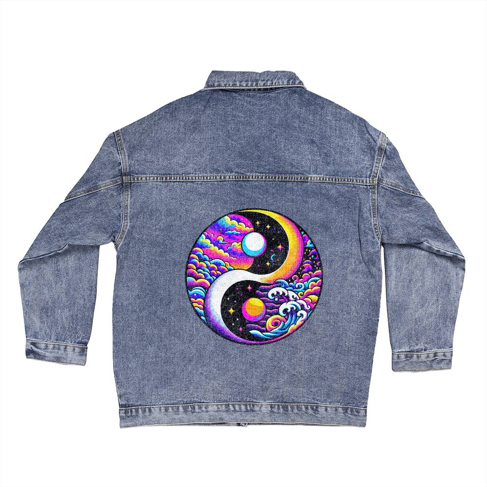 90s Yin Yang Sun Moon Stars - Women's Printed Oversized Jean Jacket