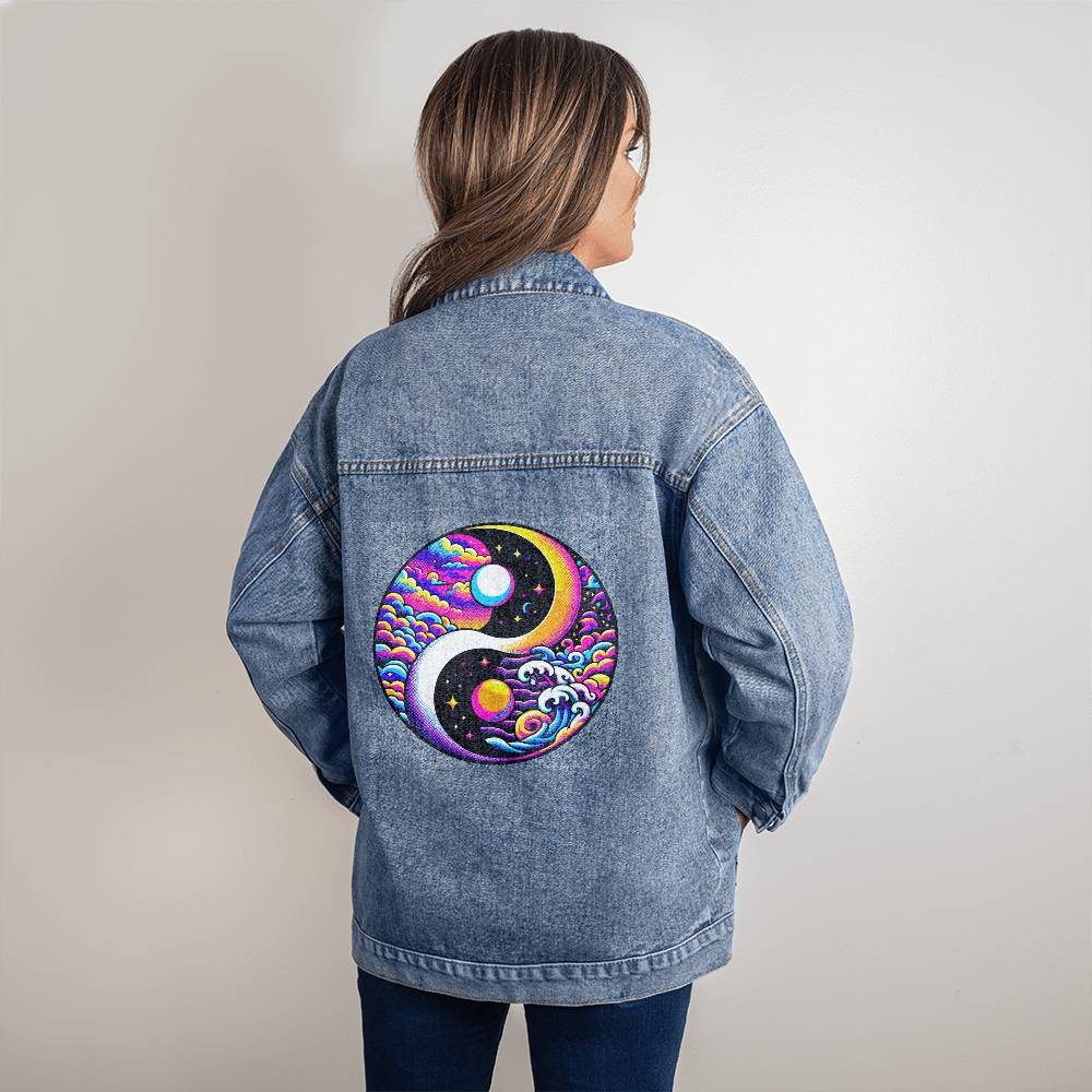 90s Yin Yang Sun Moon Stars - Women's Printed Oversized Jean Jacket