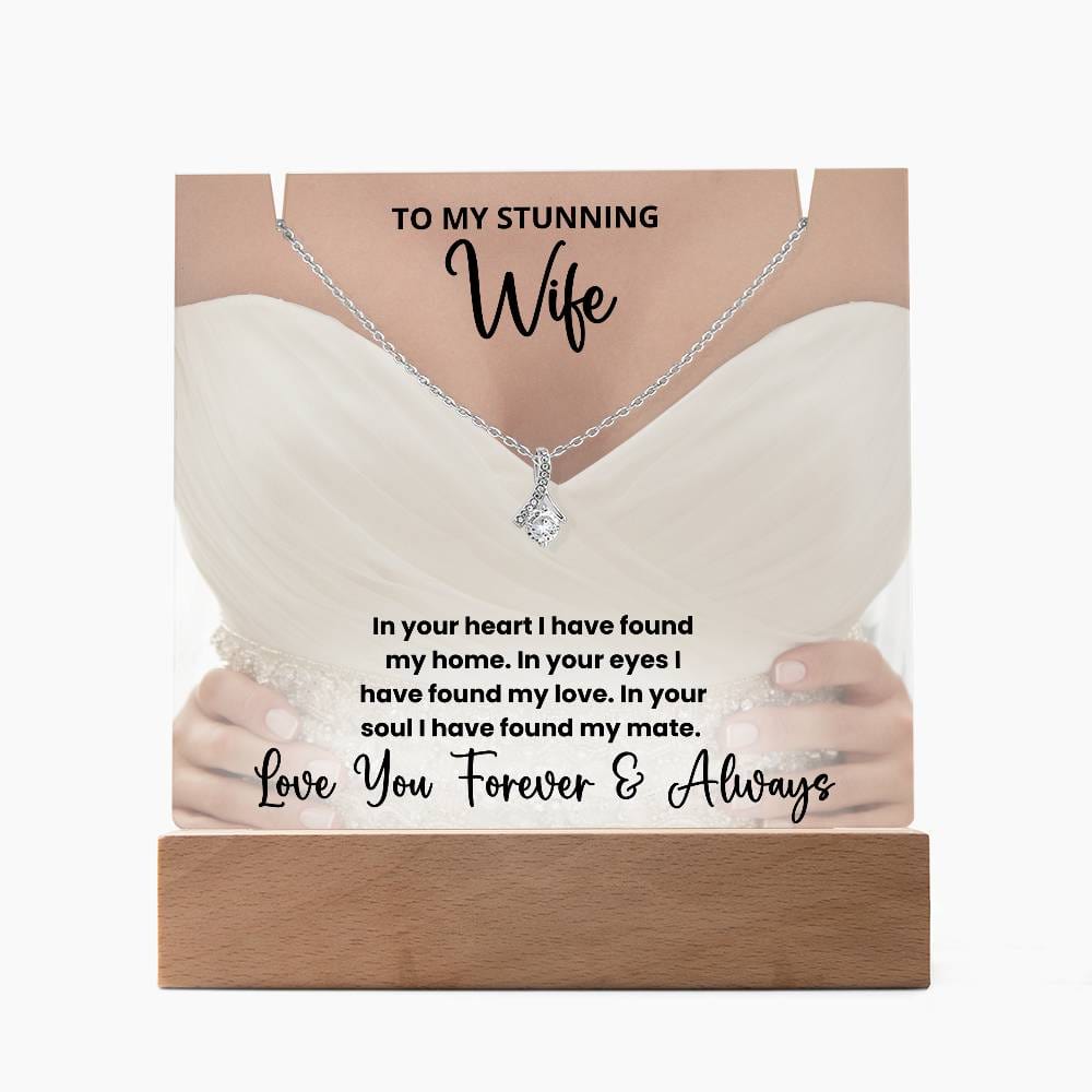 To My Stunning Wife Wedding Anniversary Present - LED Acrylic Plaque + Alluring Beauty Necklace Bundle