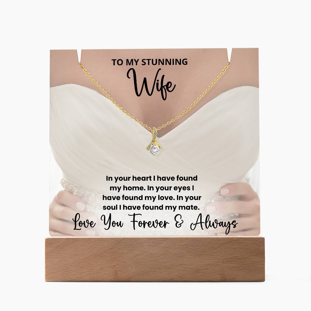To My Stunning Wife Wedding Anniversary Present - LED Acrylic Plaque + Alluring Beauty Necklace Bundle
