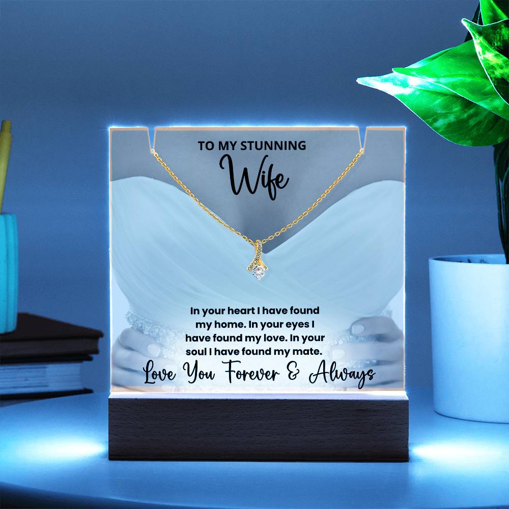 To My Stunning Wife Wedding Anniversary Present - LED Acrylic Plaque + Alluring Beauty Necklace Bundle