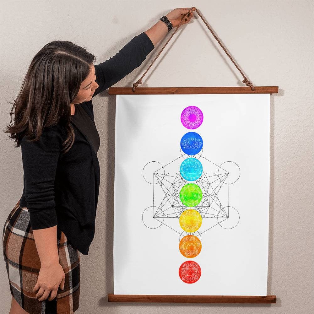 Spiritual Wall Art Metaphysical Chakras, Metatron's Cube Sacred Boho Wood Framed Hanging Tapestry, Rainbow Yoga Studio Decor Mindfulness Art