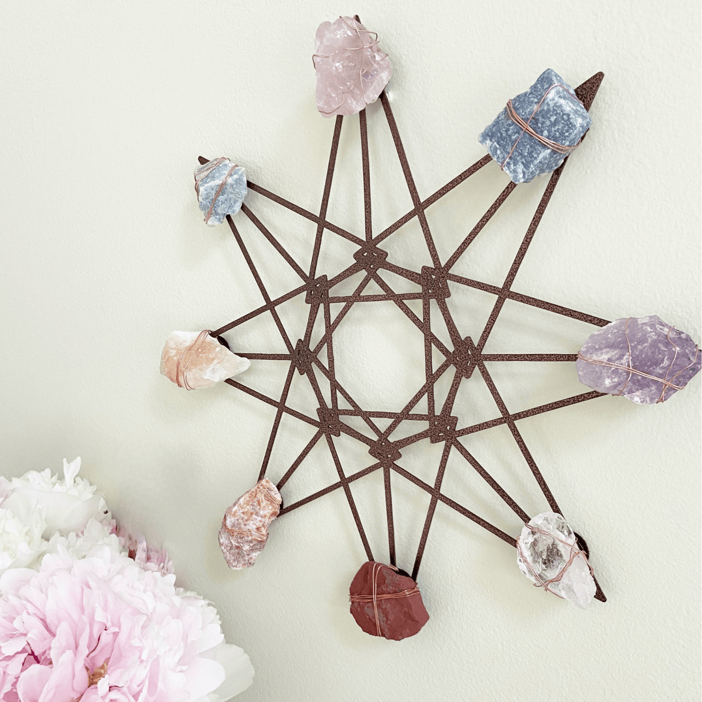 Sacred Geometry Wall Art - Wire-wrapped Raw Chakra Crystals - One of a Kind Crystal Grid 12"