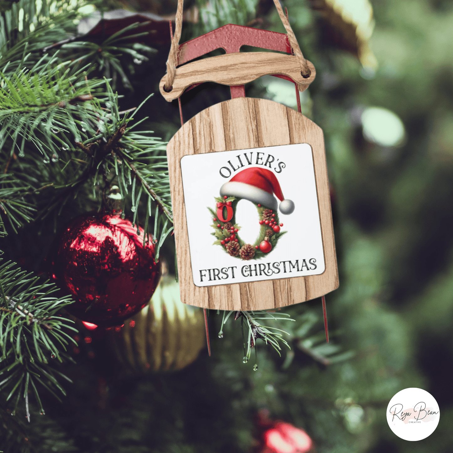Child's First Christmas Custom Holiday Monogram Sled Tree Ornament, peronalized initial santa hat letters baby's 1st xmas gift