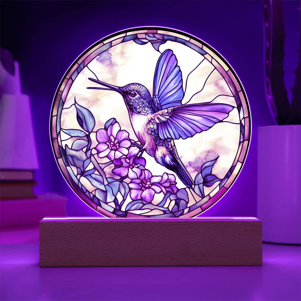 Hummingbird LED Plaque - Faux Stained Glass Acrylic Light with Soft Glow