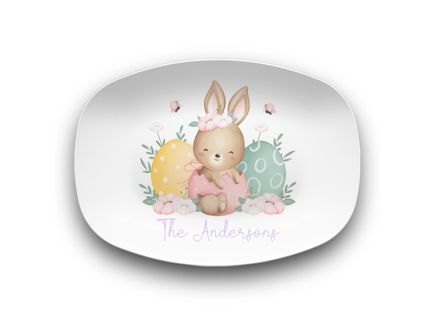 Easter Bunny Plate Custom Family Name Platter, Cute Happy Easter Eggs Personalized Display Tray, Pastel Spring Decor Brunch Serving Dish