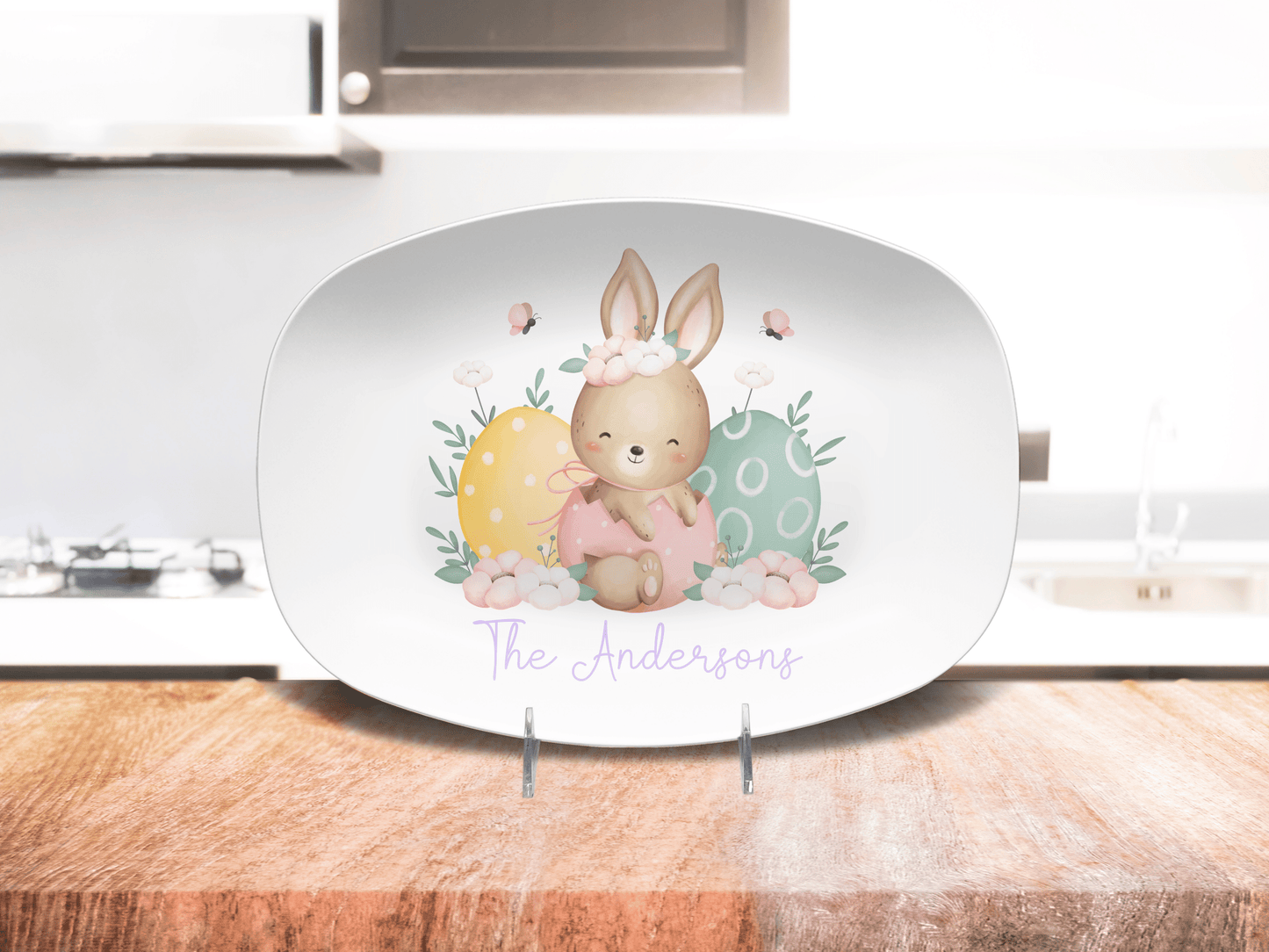 Easter Bunny Plate Custom Family Name Platter, Cute Happy Easter Eggs Personalized Display Tray, Pastel Spring Decor Brunch Serving Dish