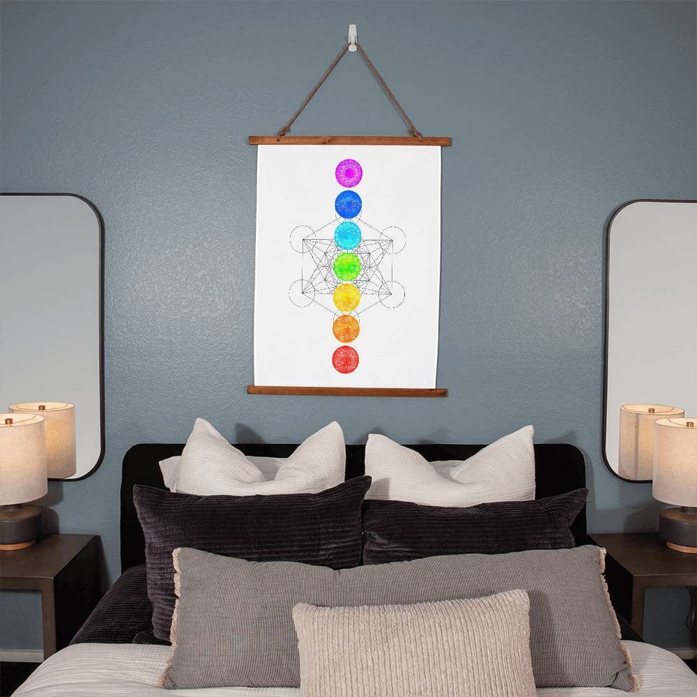 Spiritual Wall Art Metaphysical Chakras, Metatron's Cube Sacred Boho Wood Framed Hanging Tapestry, Rainbow Yoga Studio Decor Mindfulness Art
