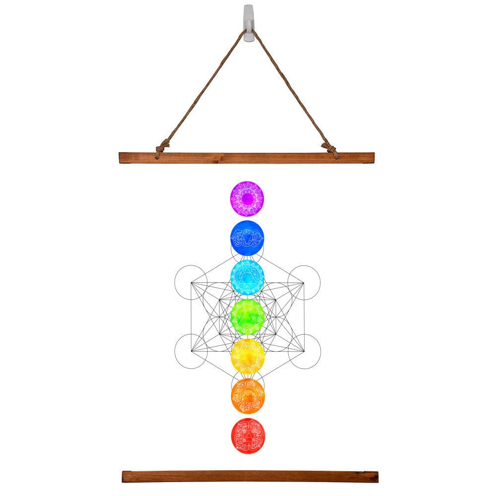 Spiritual Wall Art Metaphysical Chakras, Metatron's Cube Sacred Boho Wood Framed Hanging Tapestry, Rainbow Yoga Studio Decor Mindfulness Art