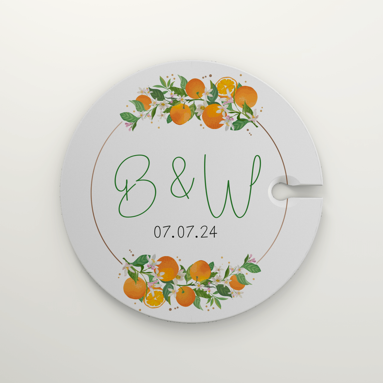 Custom Wedding Day Couple's Initials Orange Cocktail Hour - Appetizer Wine Glass Holder Plate