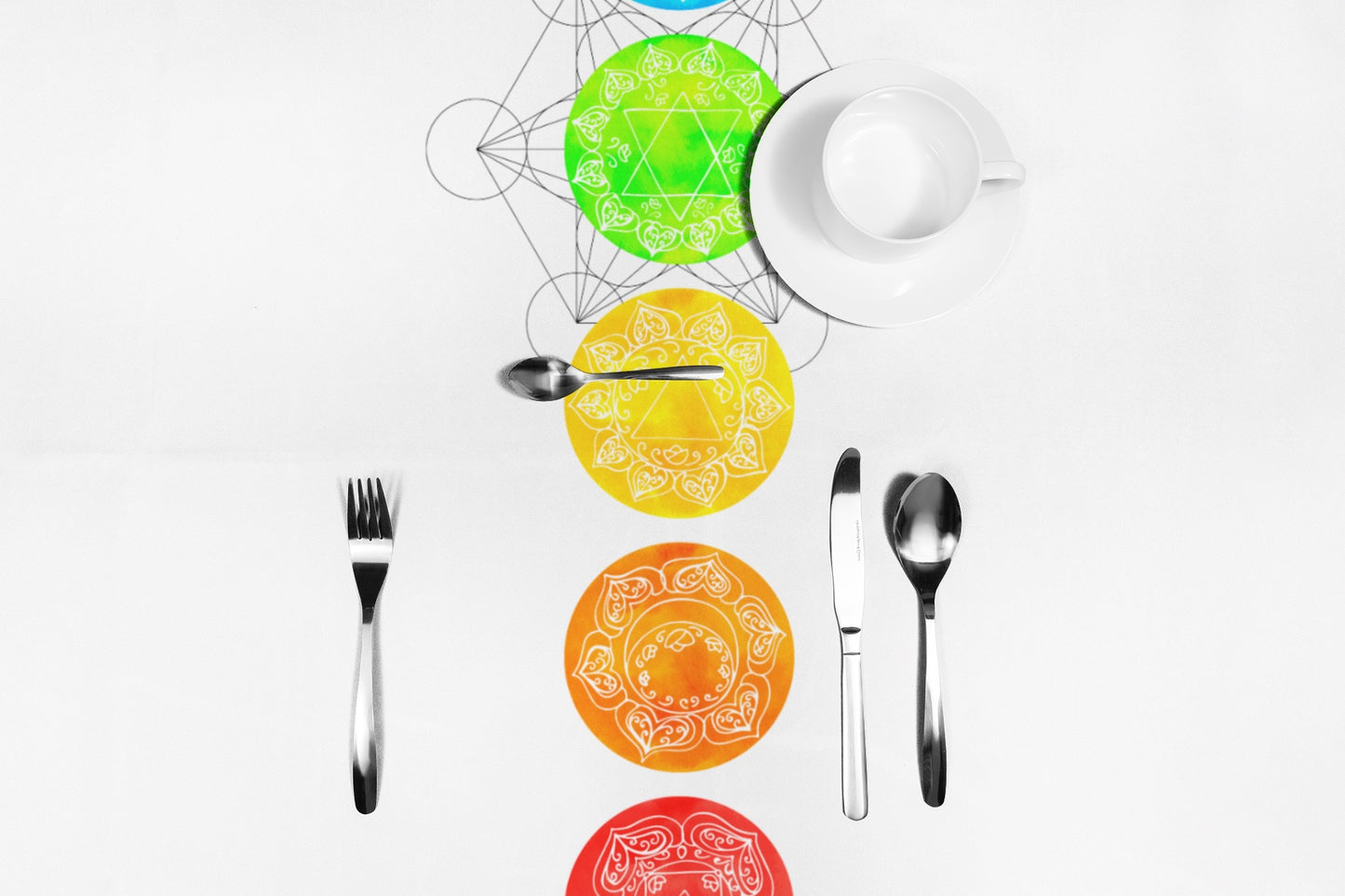 Chakras Tablecloth, Rainbow Spiritual Kitchen Decor, Metatron's Cube, Rectangular Altar Cloth, Sacred Geometry Mindful OEKO-TEX Cotton Blend