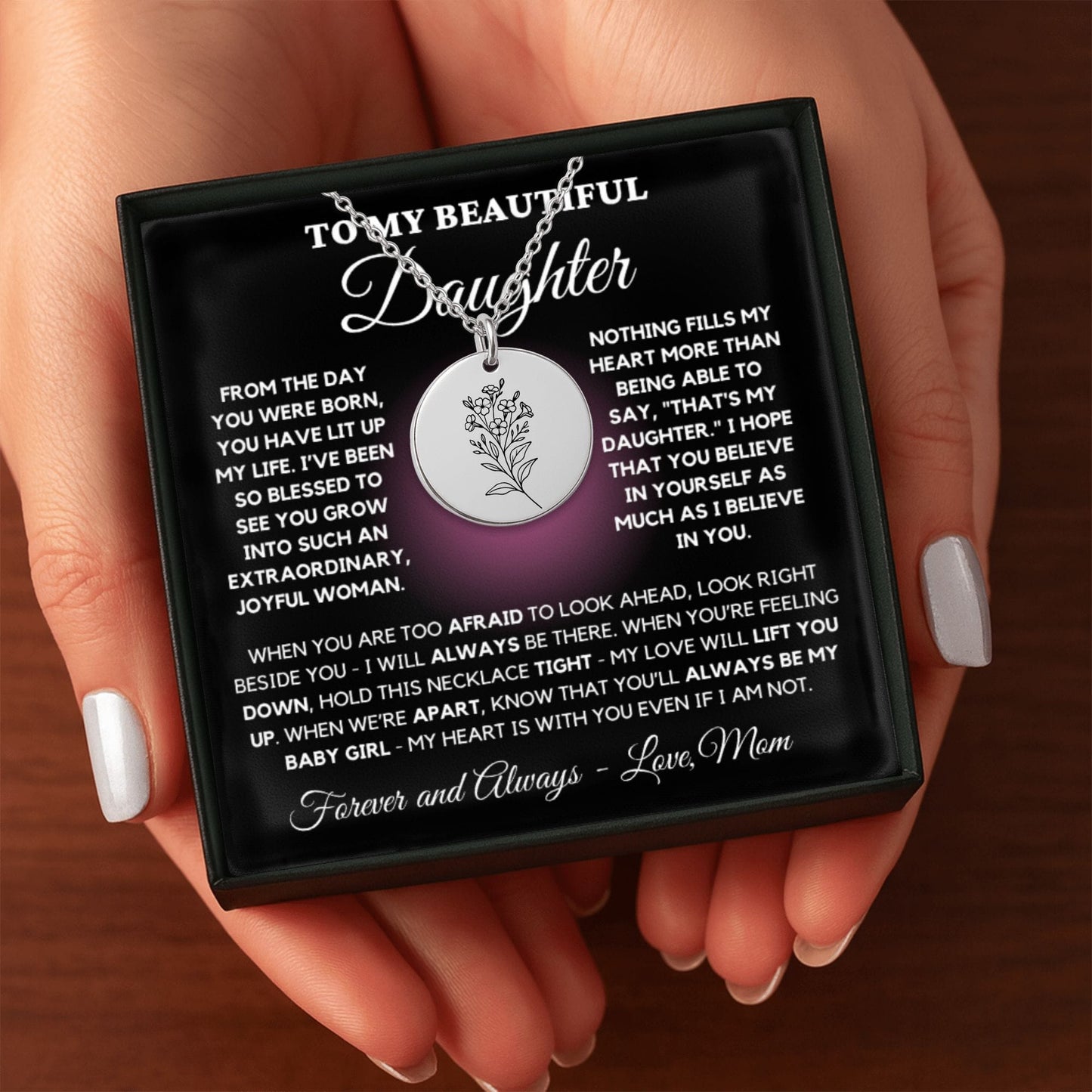 Birth Month Flower Necklace – Custom Engraved Floral Coin Pendant for Daughter