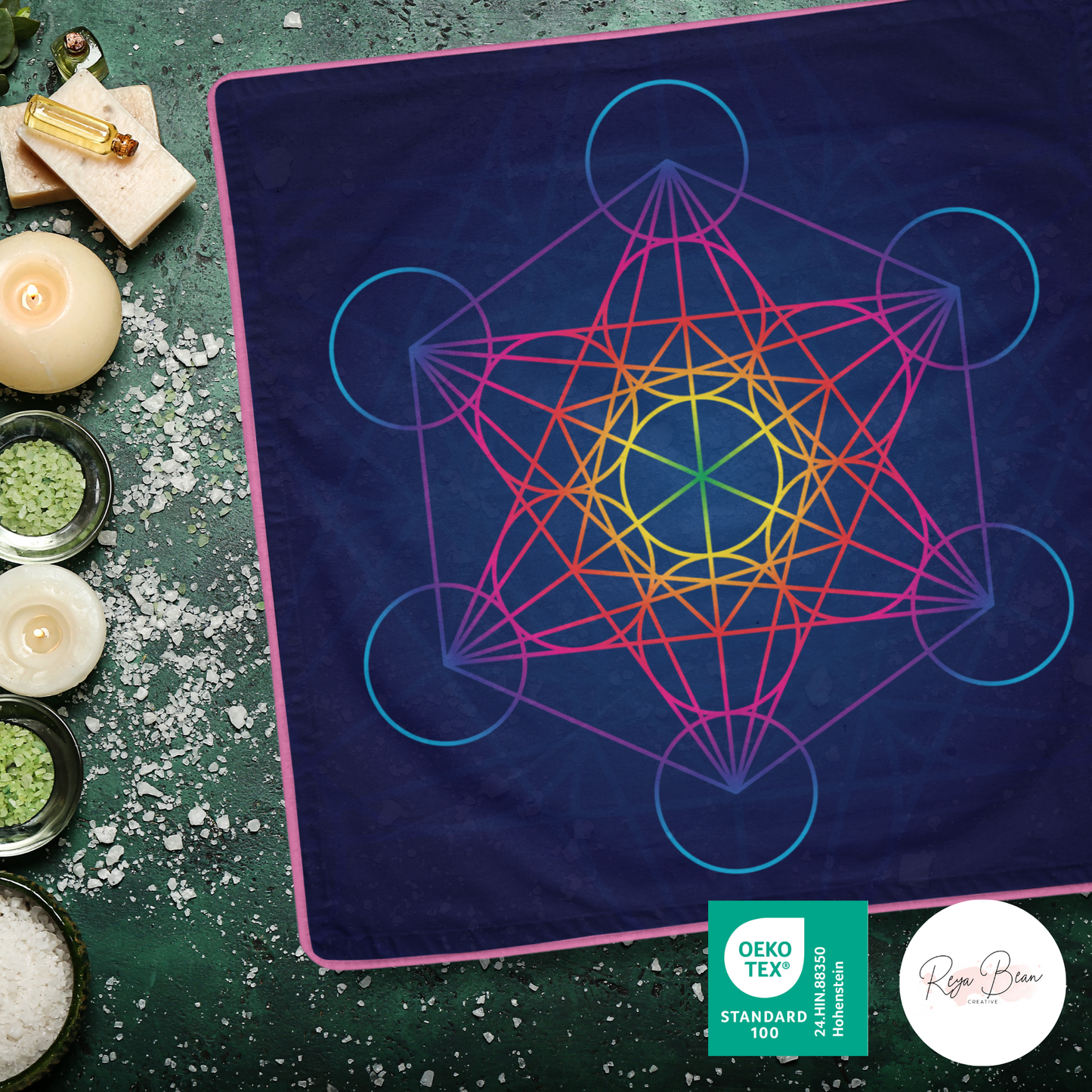 Crystal Grid Fabric Metaphysical, Flower of Life Metatron's Cube Spiritual Gift, Set of 4 Double-Sided Piped Edge Cotton Blend Altar Napkins