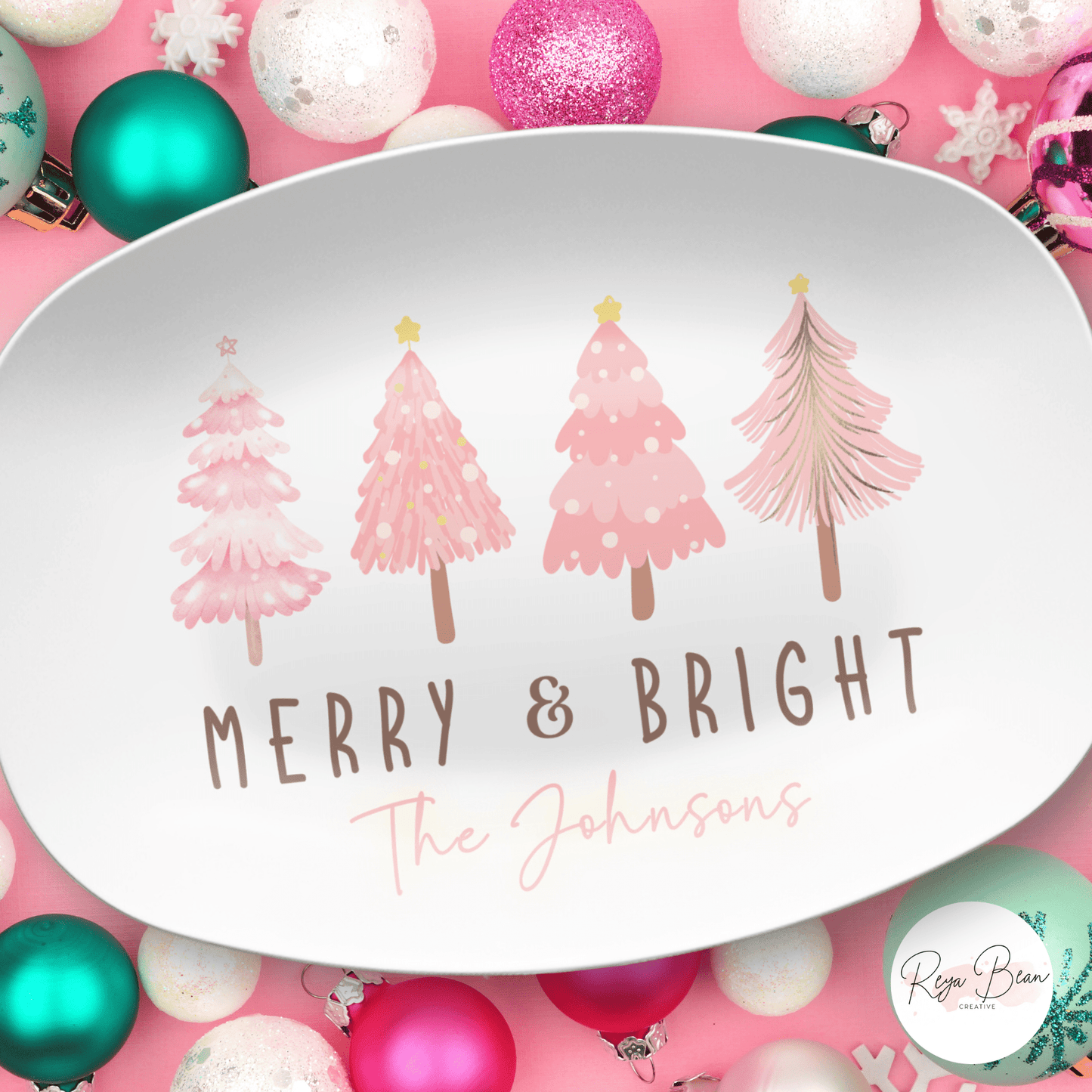 Pink Christmas Platter - Custom Family Name Holiday Serving Tray, Unbreakable & BPA-Free 10x14