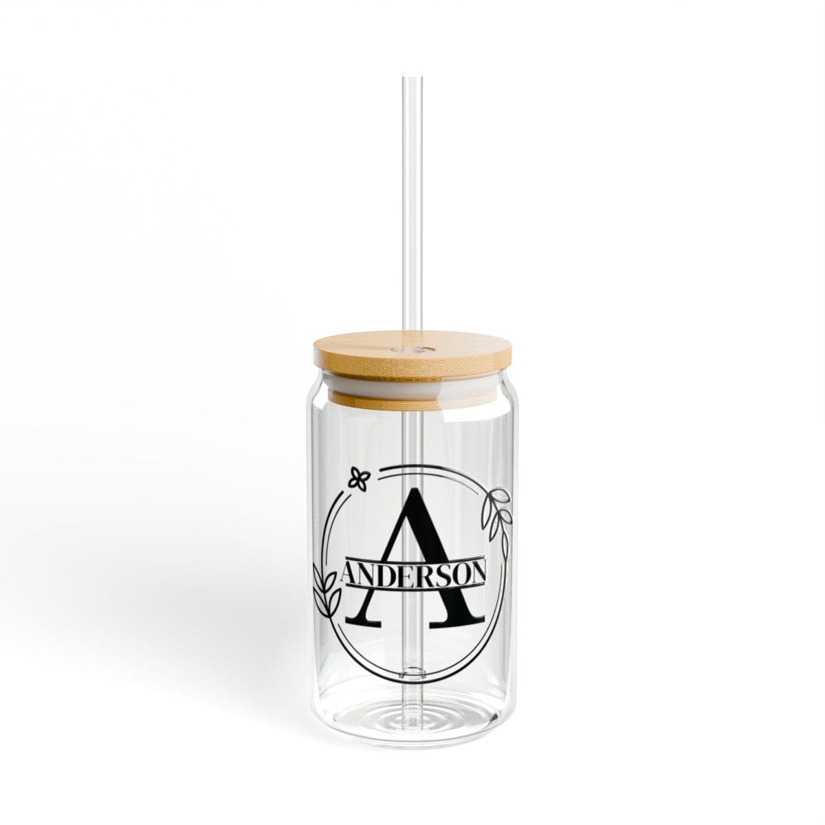 Custom Monogram Sipper Glass - 16 oz Personalized Glass Mug with Bamboo Lid & Straw