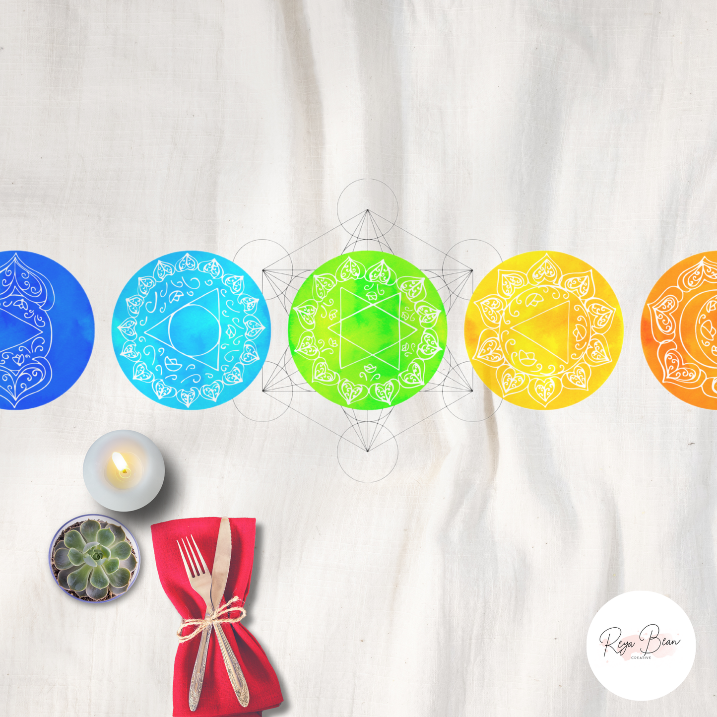 Chakras Tablecloth, Rainbow Spiritual Kitchen Decor, Metatron's Cube, Rectangular Altar Cloth, Sacred Geometry Mindful OEKO-TEX Cotton Blend