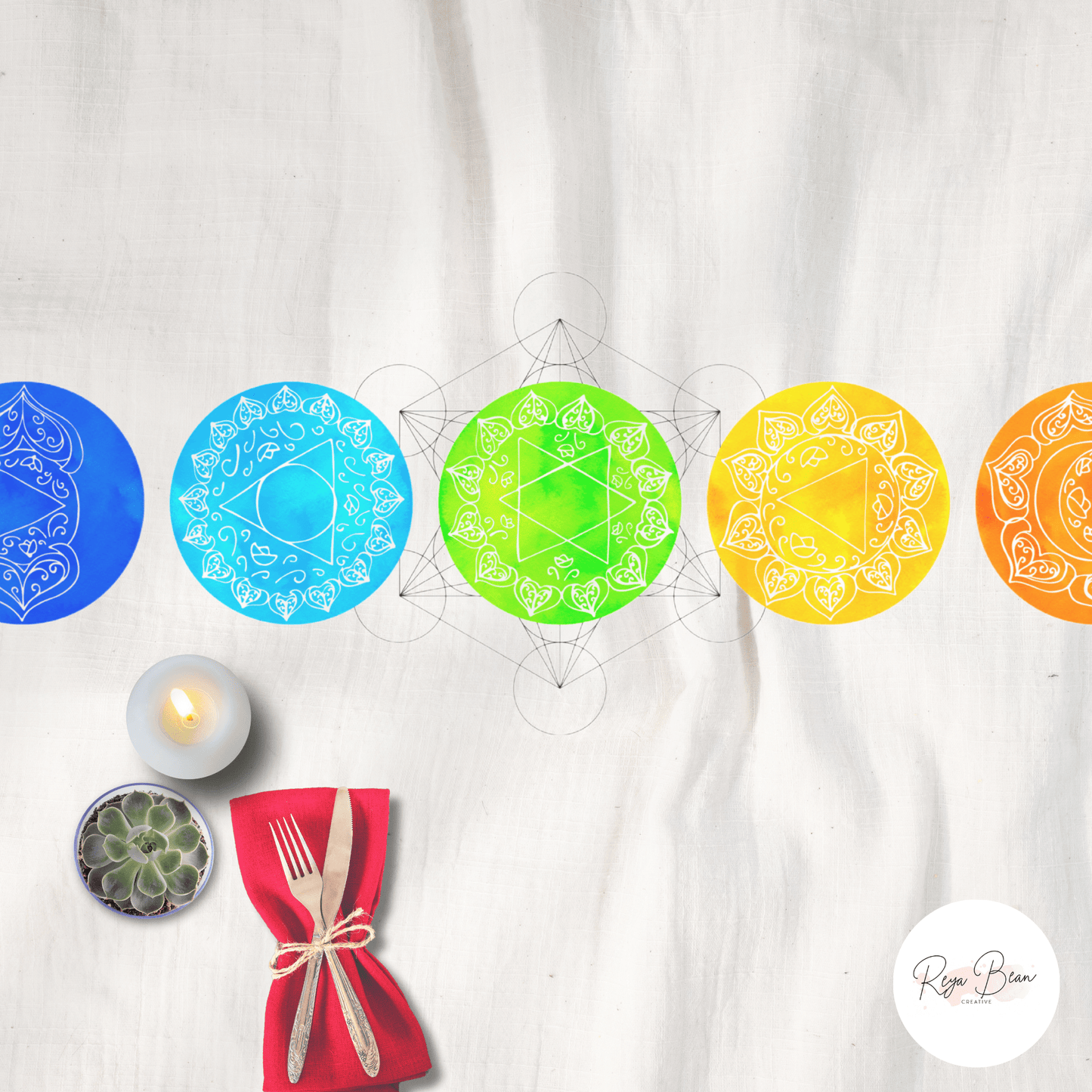 Rainbow Chakras Metatron's Cube Sacred Geometry Tablecloth