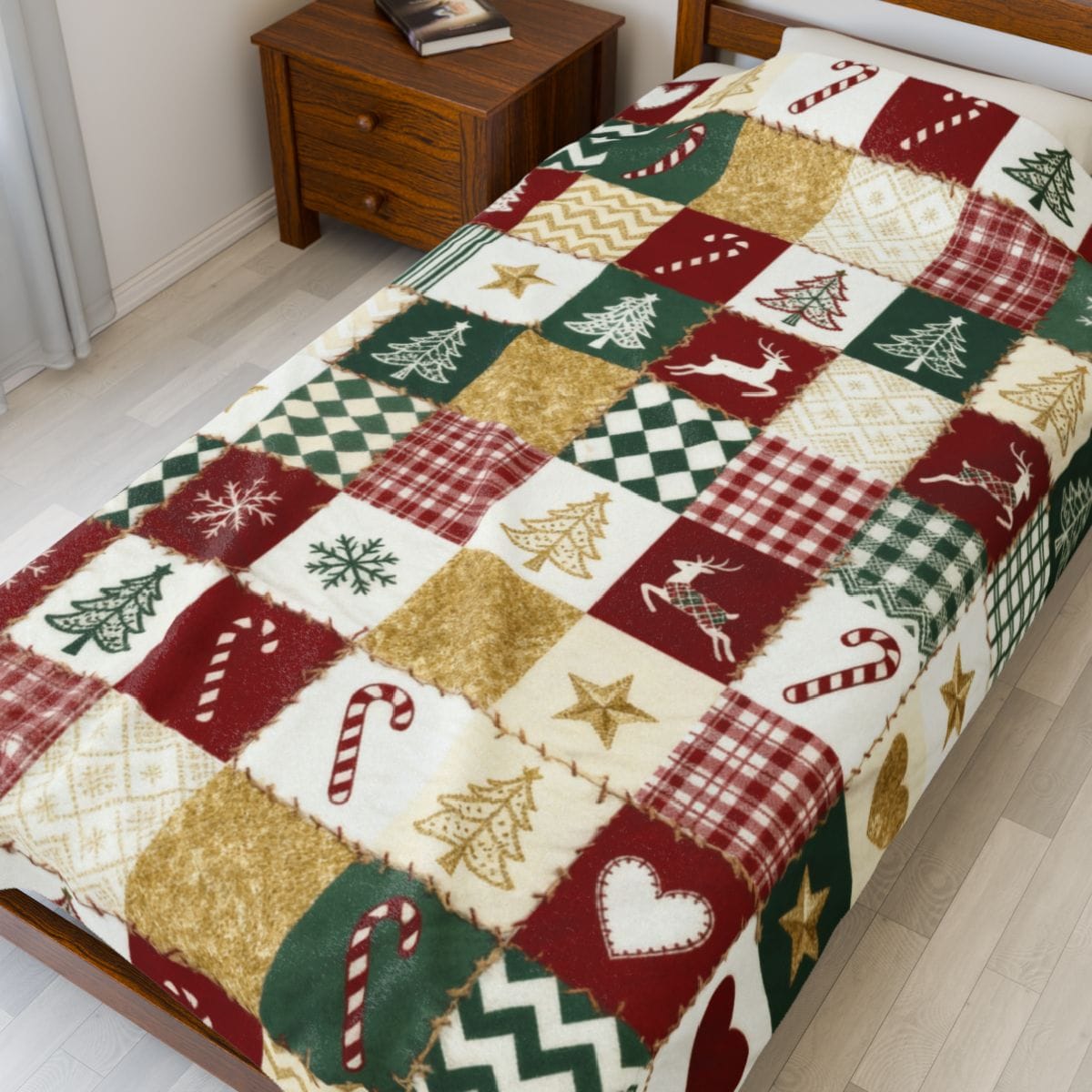 Christmas Patchwork Blanket – Custom Name Holiday Throw With Cozy Sherpa