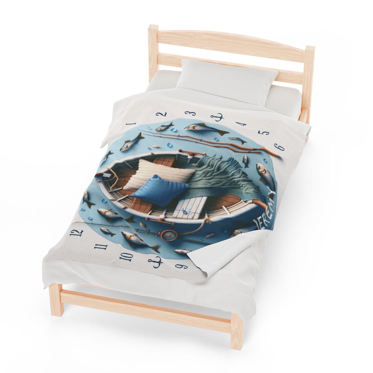 Fishing Baby Milestone Velveteen Blanket for Boy, Custom Outdoor Theme 50 x 60" Plush Nursery Throw Monthly Photo Shoot Row Boat Fish Theme