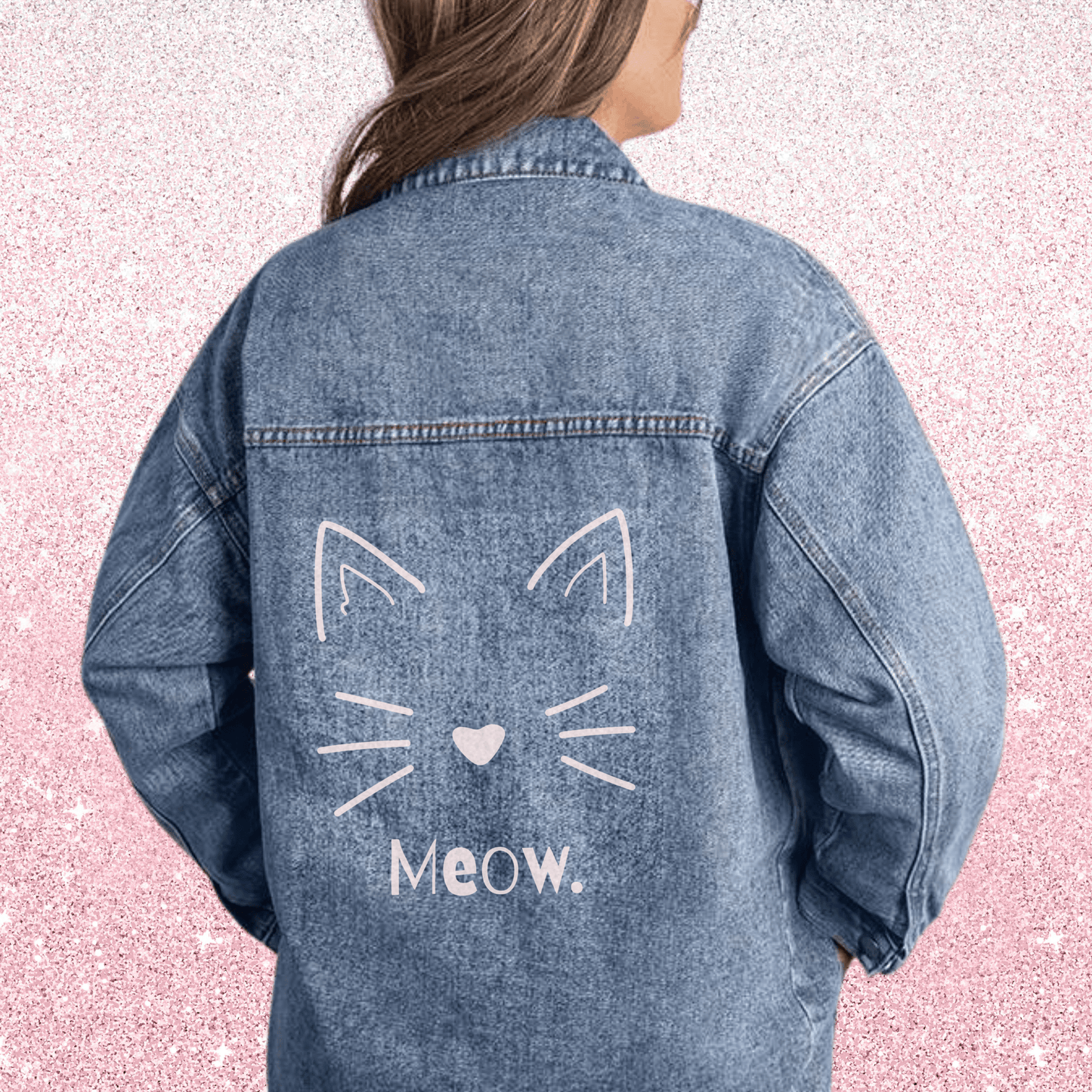 Oversized Denim Jacket – Women's Jean Jacket With Custom Cat Line Art Design
