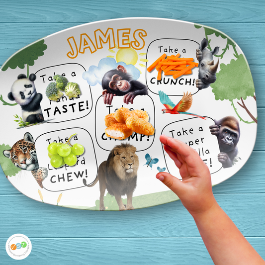 Picky eater plate with jungle animals (panda, leopard, chimpanzee, lion, rhino and gorilla) customized with child's name 10x 14" unbreakable BPA-free platter for kids
