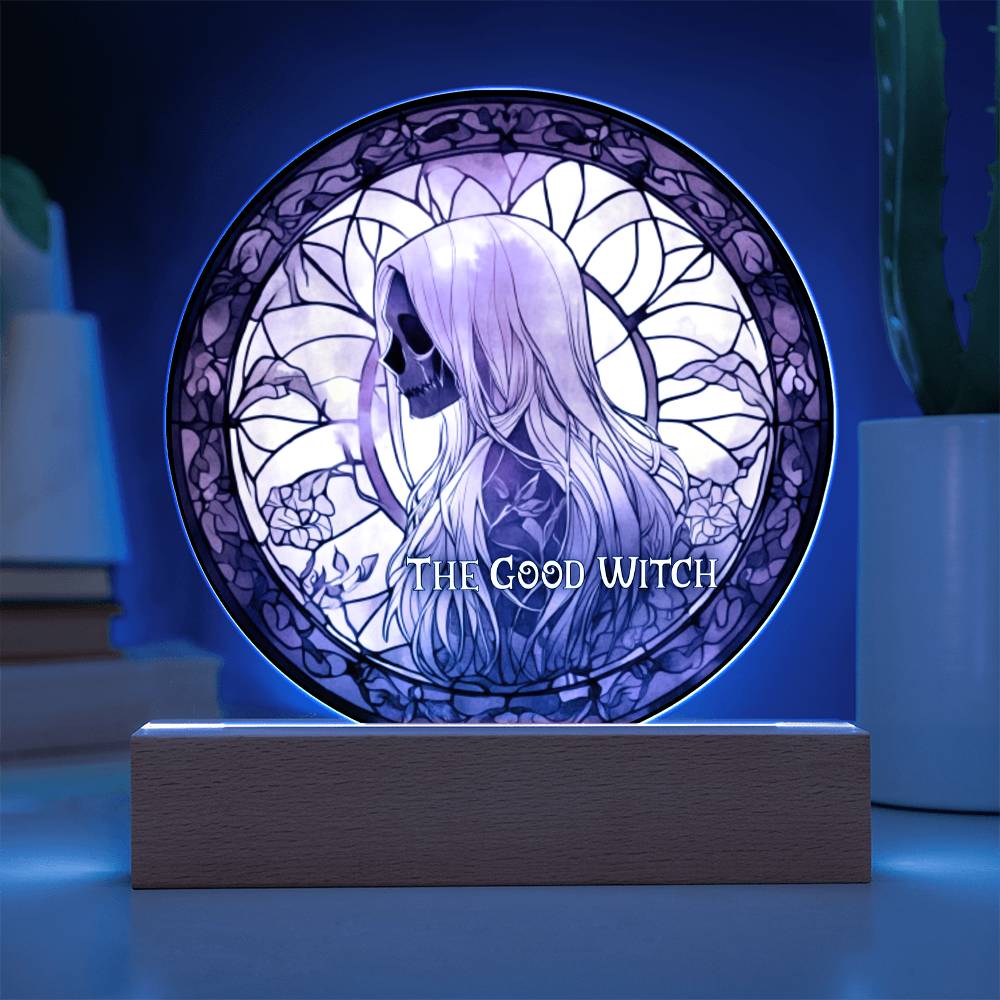 Custom Name Halloween Decoration Light Up Round Acrylic Plaque, Goth Party Light LED, Skull Haunted House Bats Witch Faux Stained Glass
