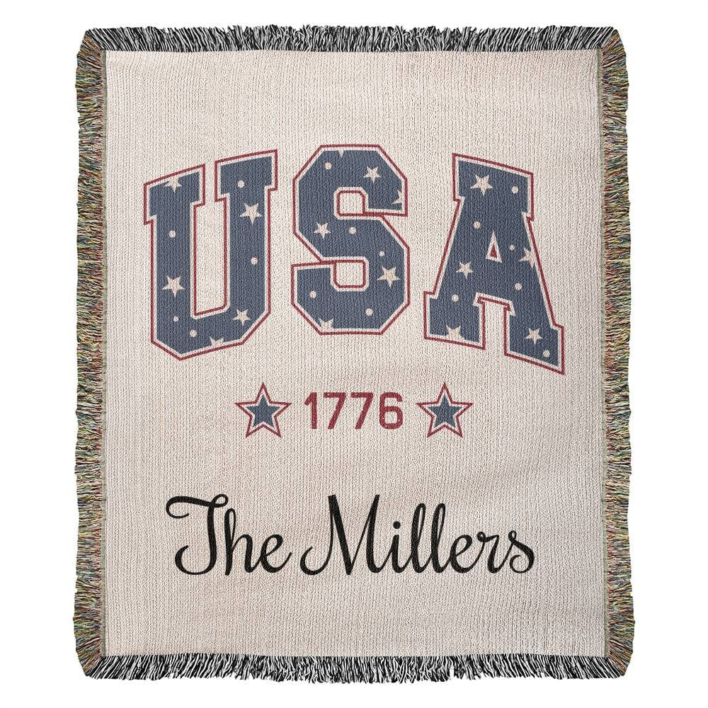 Custom Independence Day Stars and Stripes Heirloom Woven Blanket, Personalized Family Name 1776 Fireworks Watching Cozy Throw