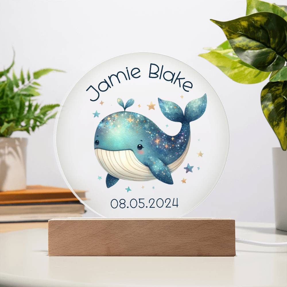 Custom Whale Acrylic Circle LED Plaque Nightlight for Baby's Nursery, Personalized Name Birthday Toddler Light Up Ocean Baby Room Decor