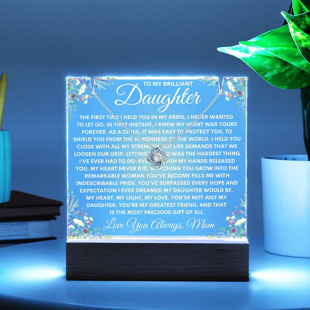 Mom to Daughter Gift Light Up Acrylic Plaque Necklace Bundle, Floral Love Knot Necklace Keepsake Acrylic, Daughter Birthday Night Light Gift