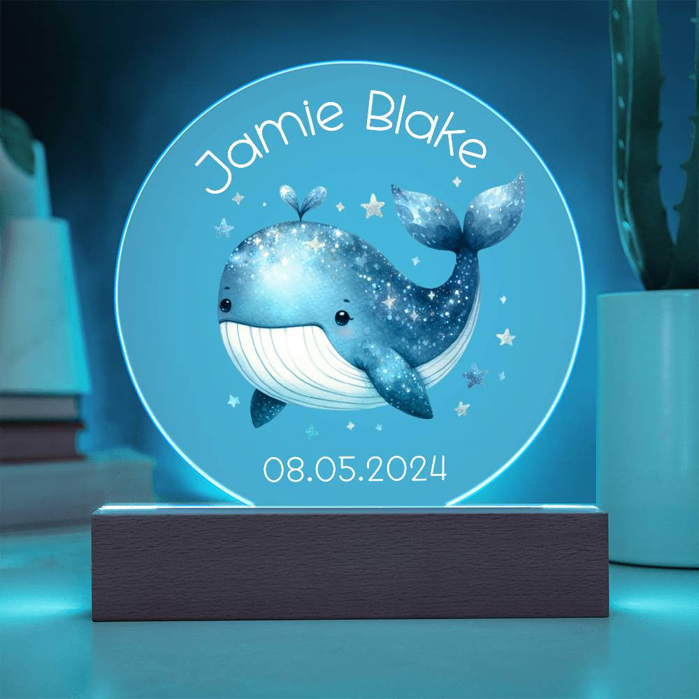 Custom Whale Acrylic Circle LED Plaque Nightlight for Baby's Nursery, Personalized Name Birthday Toddler Light Up Ocean Baby Room Decor