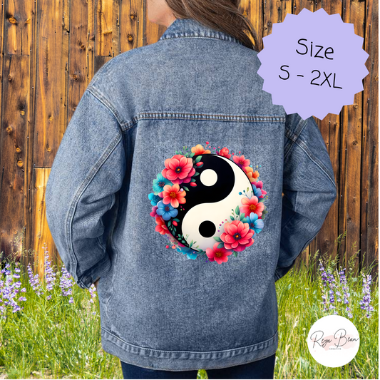 Yin Yang Floral Jean Jacket Universe Balance, Oversized Women's 90s Style Denim Printed Boyfriend Fit Coat for Her, Zen Harmony Dualism Yoga