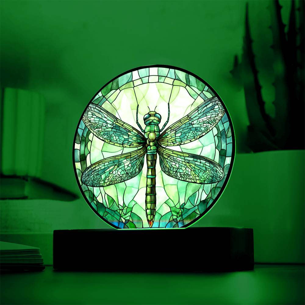 Dragonfly LED Night Light – Round Acrylic Plaque With Faux Stained Glass Glow