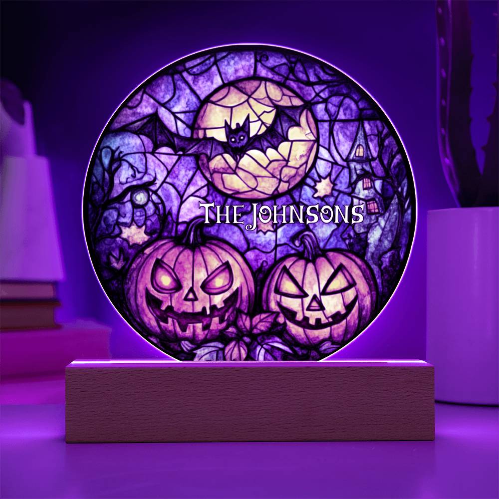 Custom Name Halloween Decoration Light Up Round Acrylic Plaque, Trick or Treat Party Light LED, Jack O Lantern Bats Witch Faux Stained Glass