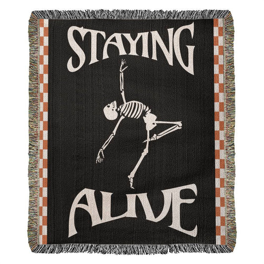 Staying Alive Dancing Skeleton Halloween Blanket, Funny Halloween Bones Heirloom Woven Cozy Fall Cotton Throw, Spooky Season Goth Decor