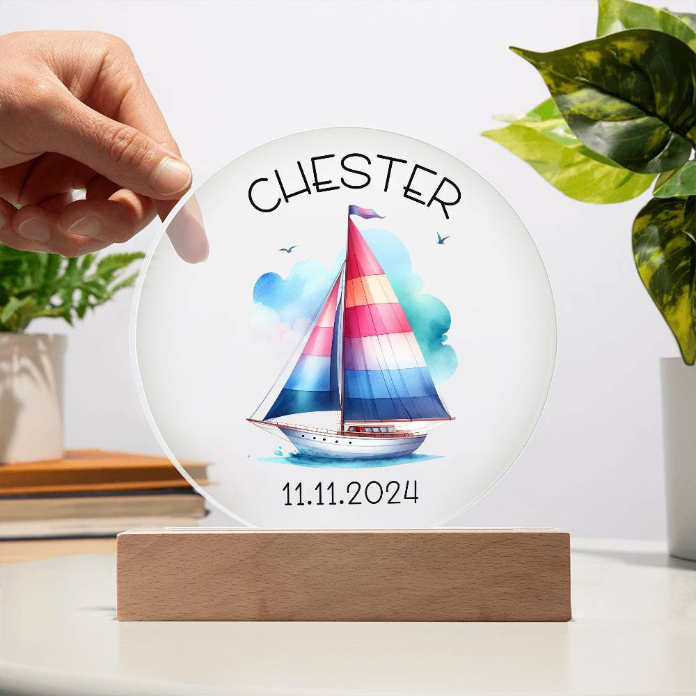 Custom Sailboat Acrylic Circle LED Plaque Nightlight for Baby's Nursery, Personalized Name Birthday Toddler Light Up Sailing Baby Room Decor