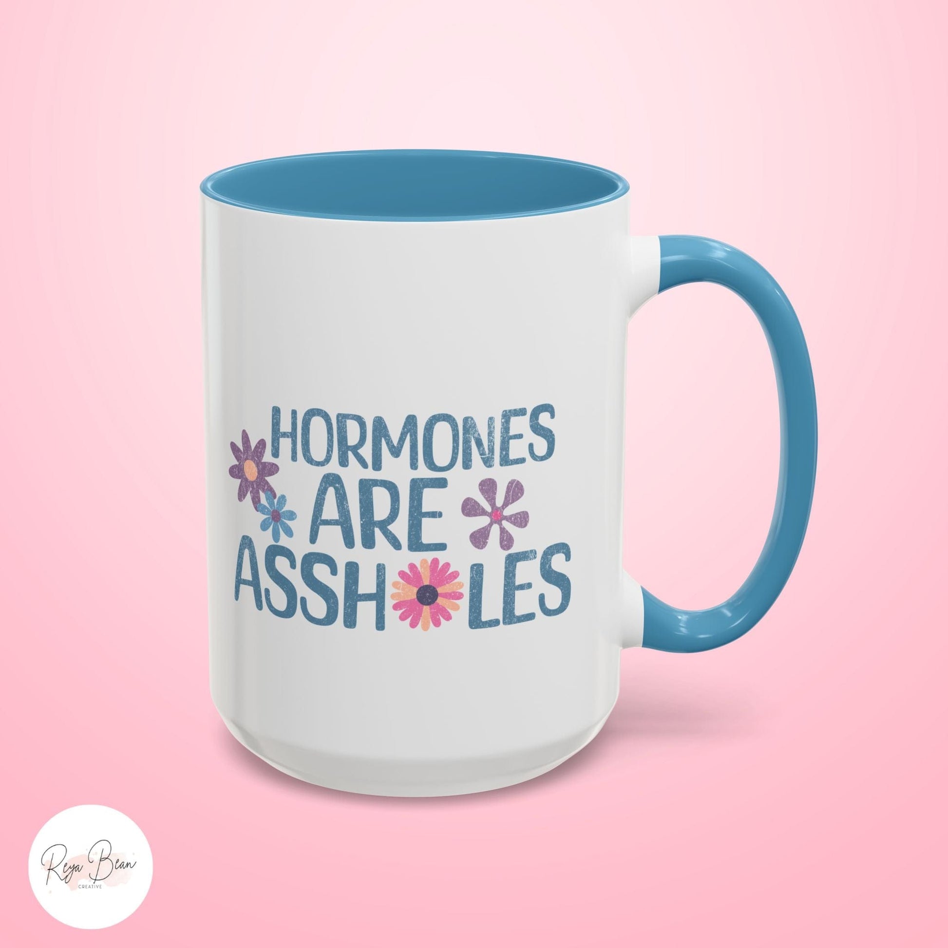 Menopausal Woman Funny Mug, Hormones Are Assholes Two Tone Accent Coffee Mug 15oz, Perimenopause Pregnancy Mood Swing Fun Gift for Her