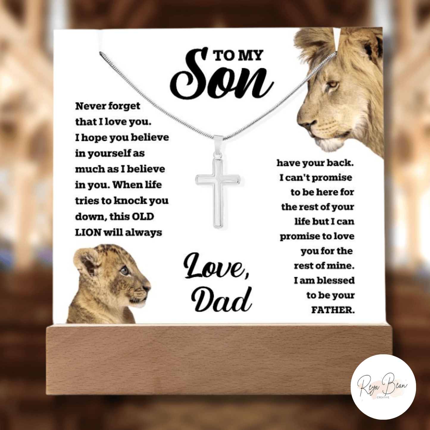 To My Son Old Lion Cross Necklace from Dad - LED Acrylic Plaque + Cross Necklace Bundle