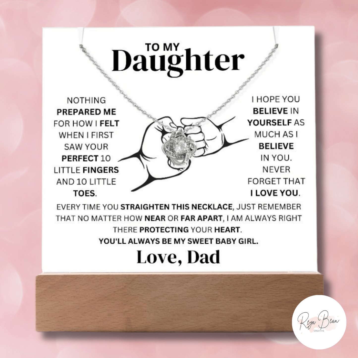 To My Daughter Love Dad Fist Bump Necklace Holder - LED Acrylic Plaque + Love Knot Necklace Bundle