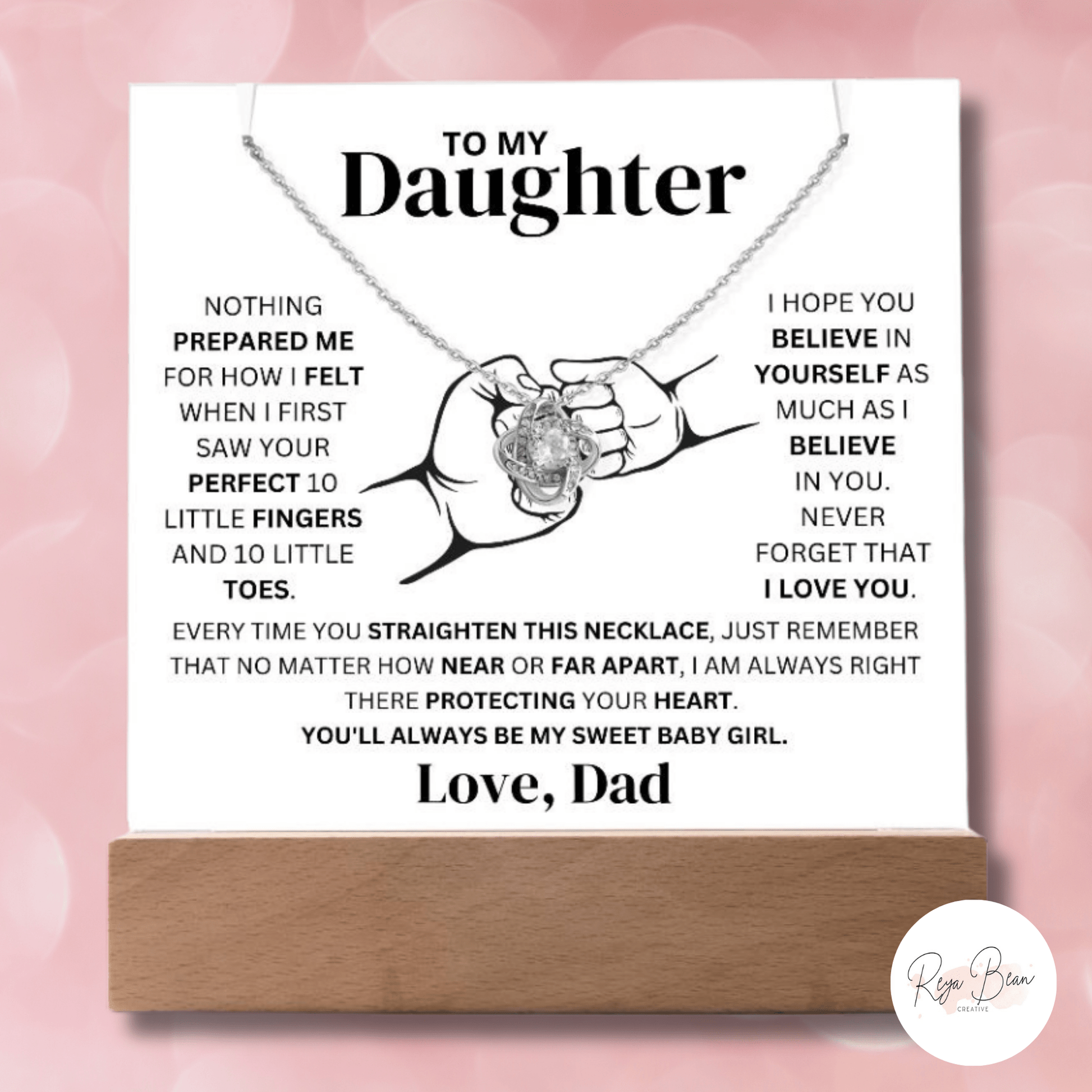 To My Daughter Love Dad Fist Bump Necklace Holder - LED Acrylic Plaque + Love Knot Necklace Bundle