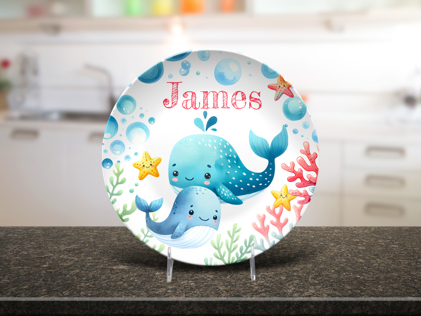 Custom Ocean Dining Set for Child, Plate Bowl Placemat Fork Spoon, Under the Sea Theme Whale Unbreakable Set, BPA-Free Kids' Dining Set