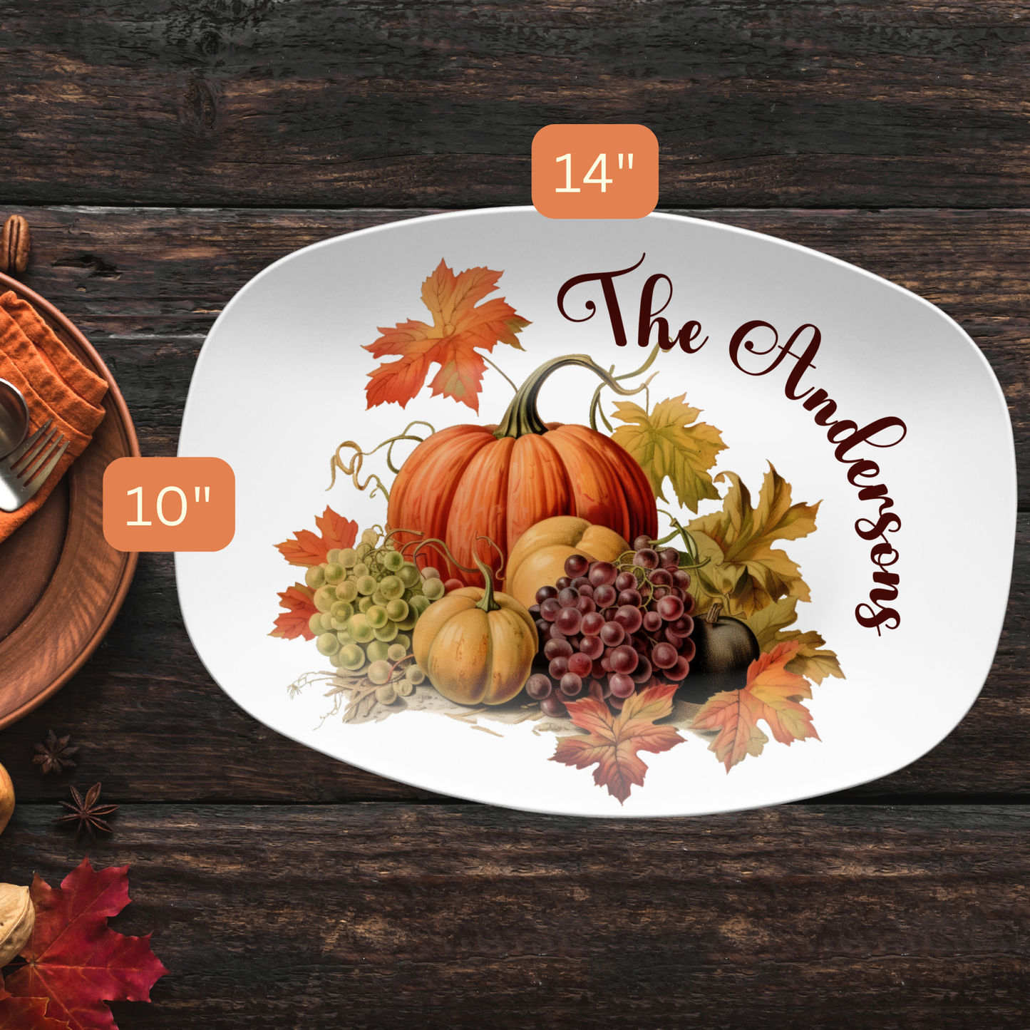 Custom Thanksgiving Platter, Family Tradition Pumpkin Serving Plate, Personalized Fall Harvest Serving Tray 10 x 14" Unbreakable DecoWare