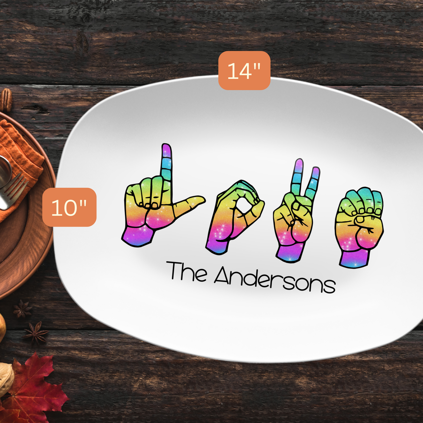 Sign Language Custom Family Name Platter, Personalized ASL Love Keepsake Display Tray, Rainbow Deaf Culture Serving Plate Dinnerware Decor